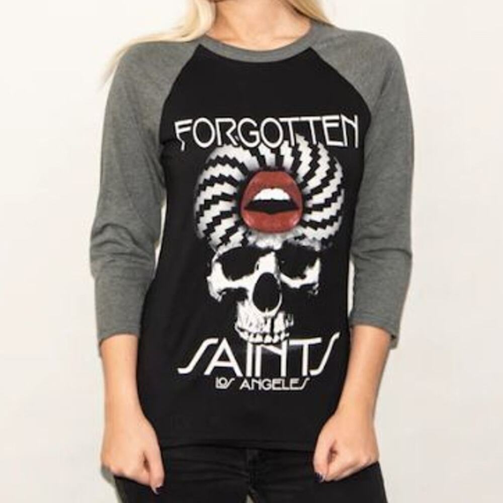 Forgotten Saints  Womens Graphic Tee Size S Skull Print Graphic T-Shirt Grunge
